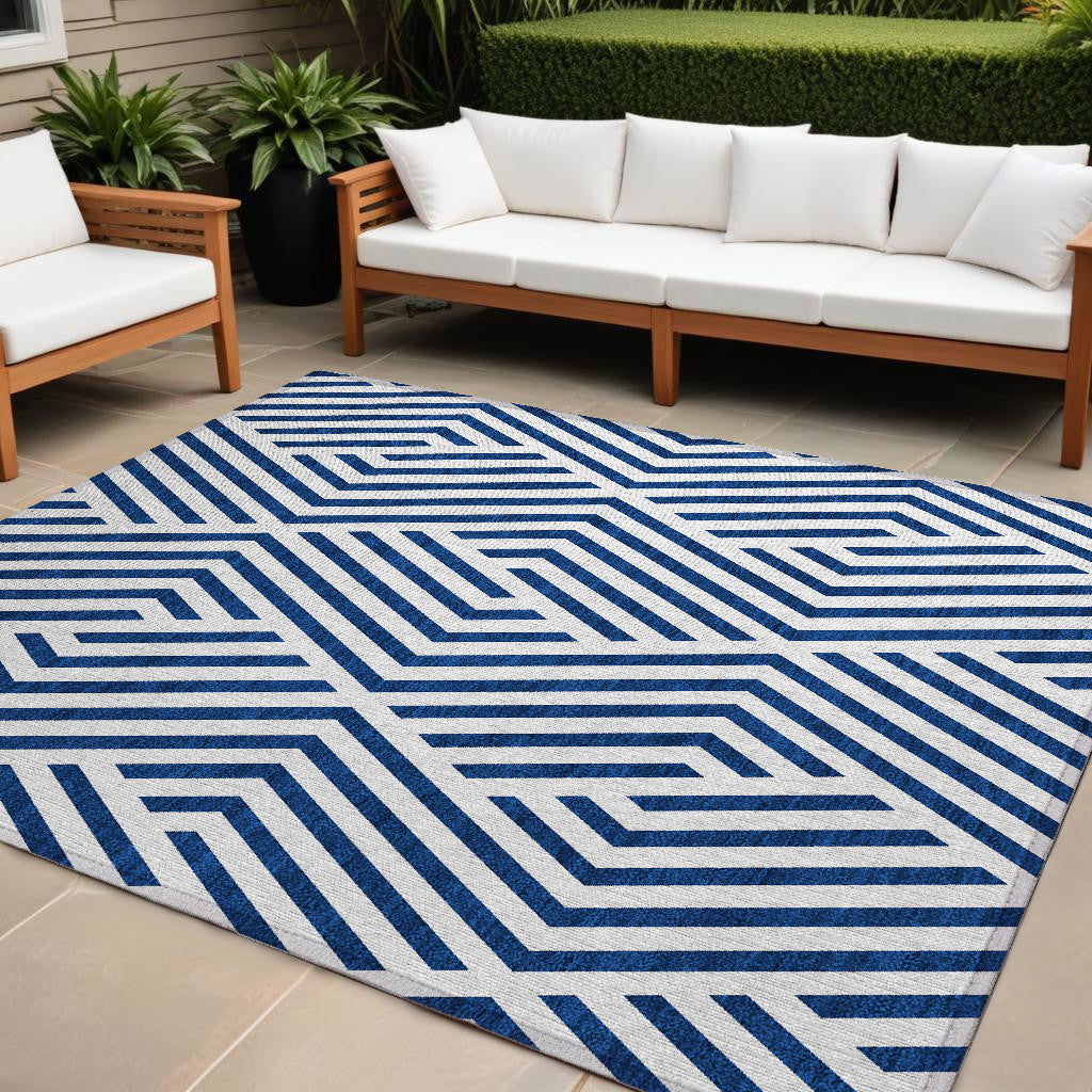 10' X 14' Navy And White Geometric Washable Non Skid Indoor Outdoor Area Rug