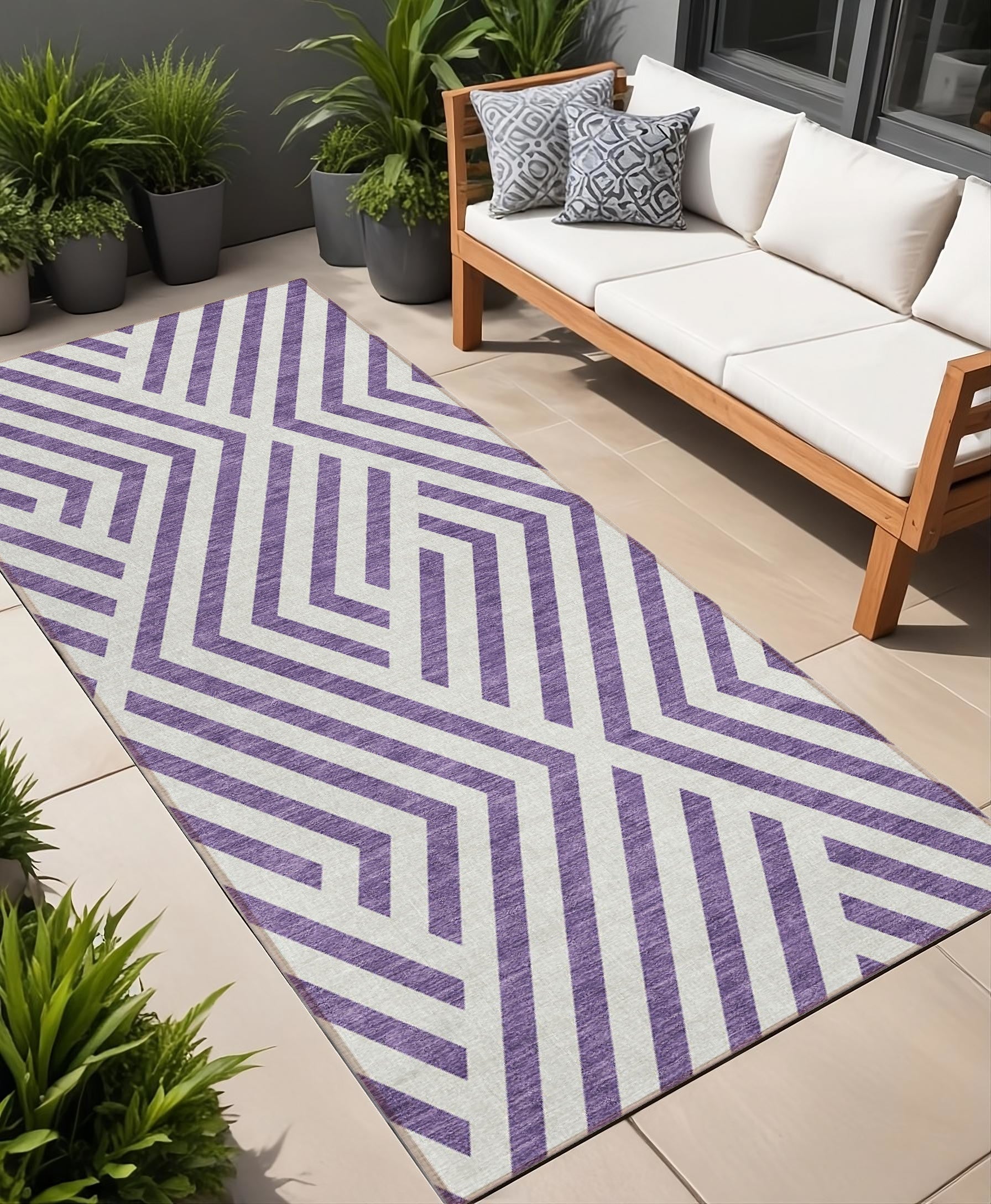 8' Runner Purple And White Geometric Washable Non Skid Indoor Outdoor Runner Rug