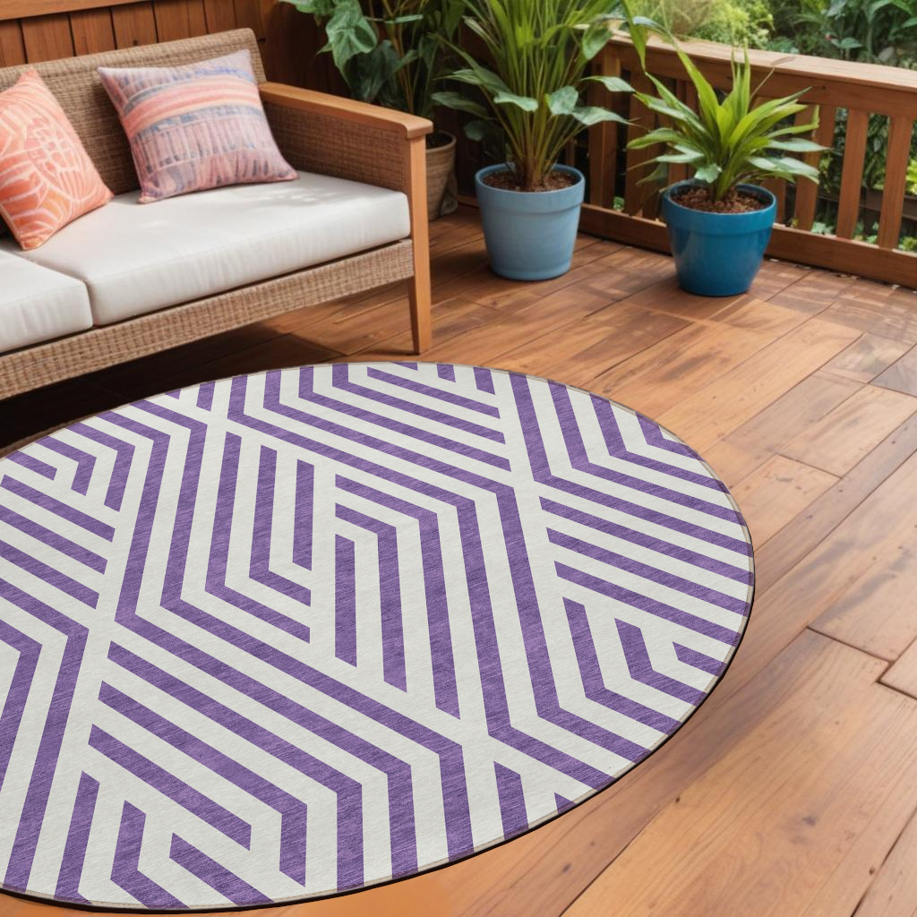 8' Round Purple And White Round Geometric Washable Non Skid Indoor Outdoor Area Rug
