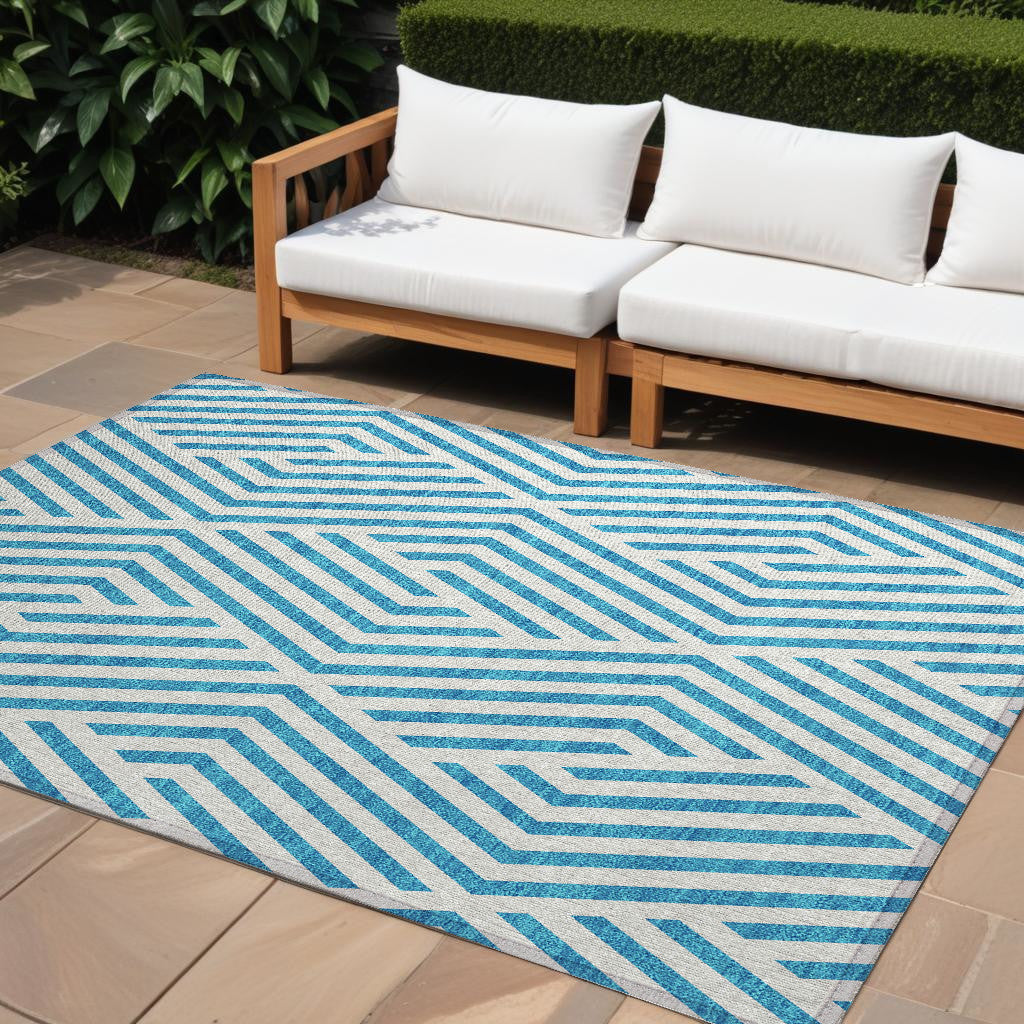 10' X 14' Teal And White Geometric Washable Non Skid Indoor Outdoor Area Rug
