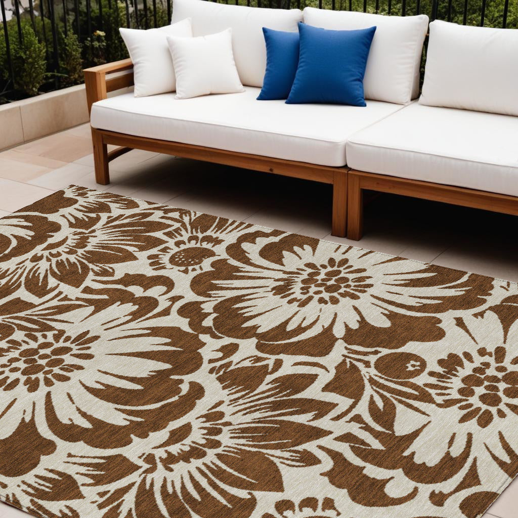 8' X 10' Brown And Ivory Floral Washable Non Skid Indoor Outdoor Area Rug