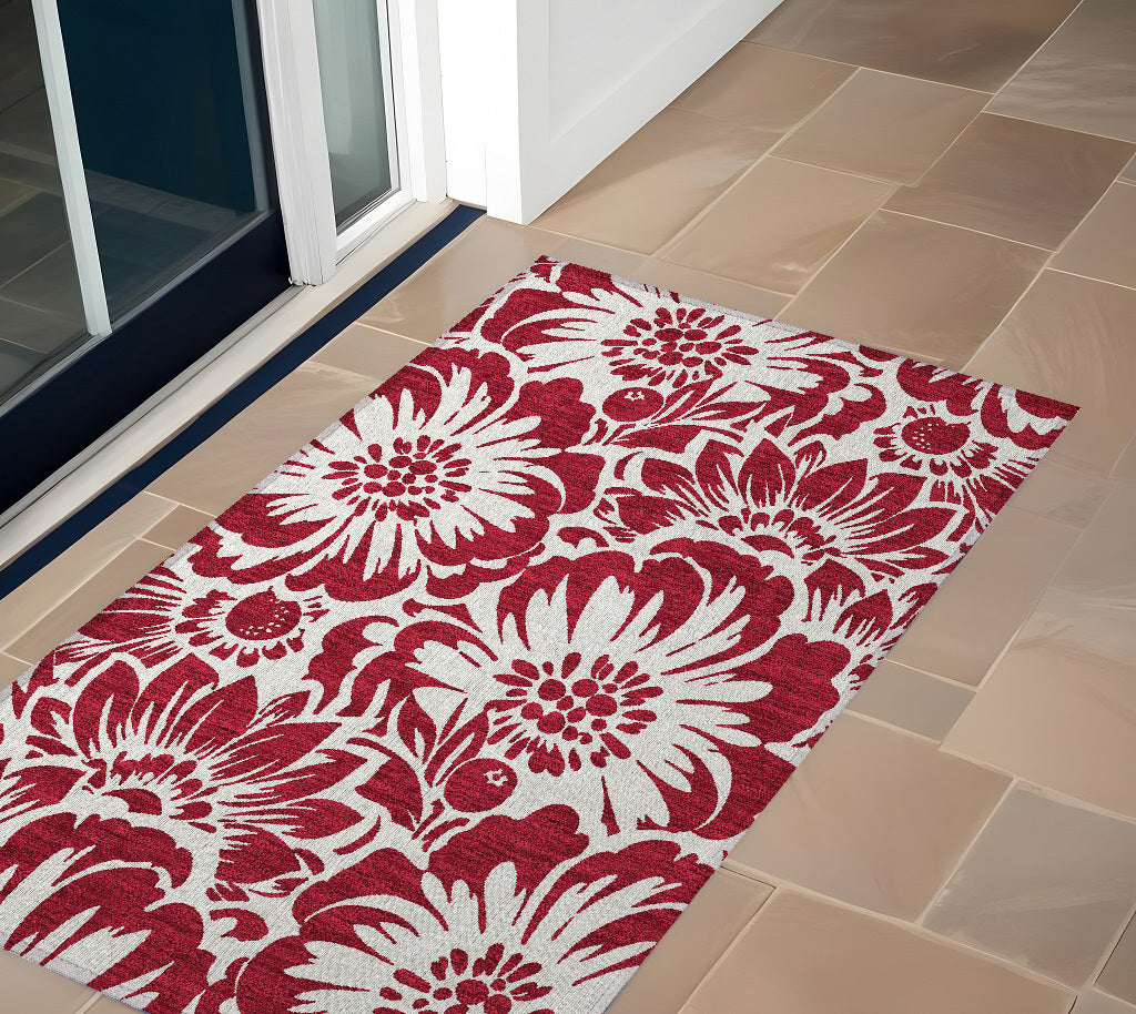 2' X 3' Burgundy And White Floral Washable Non Skid Indoor Outdoor Area Rug
