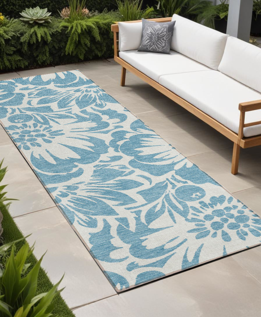 8' Runner Denim And Ivory Floral Washable Non Skid Indoor Outdoor Runner Rug