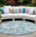 8' Round Denim And Ivory Round Floral Washable Non Skid Indoor Outdoor Area Rug