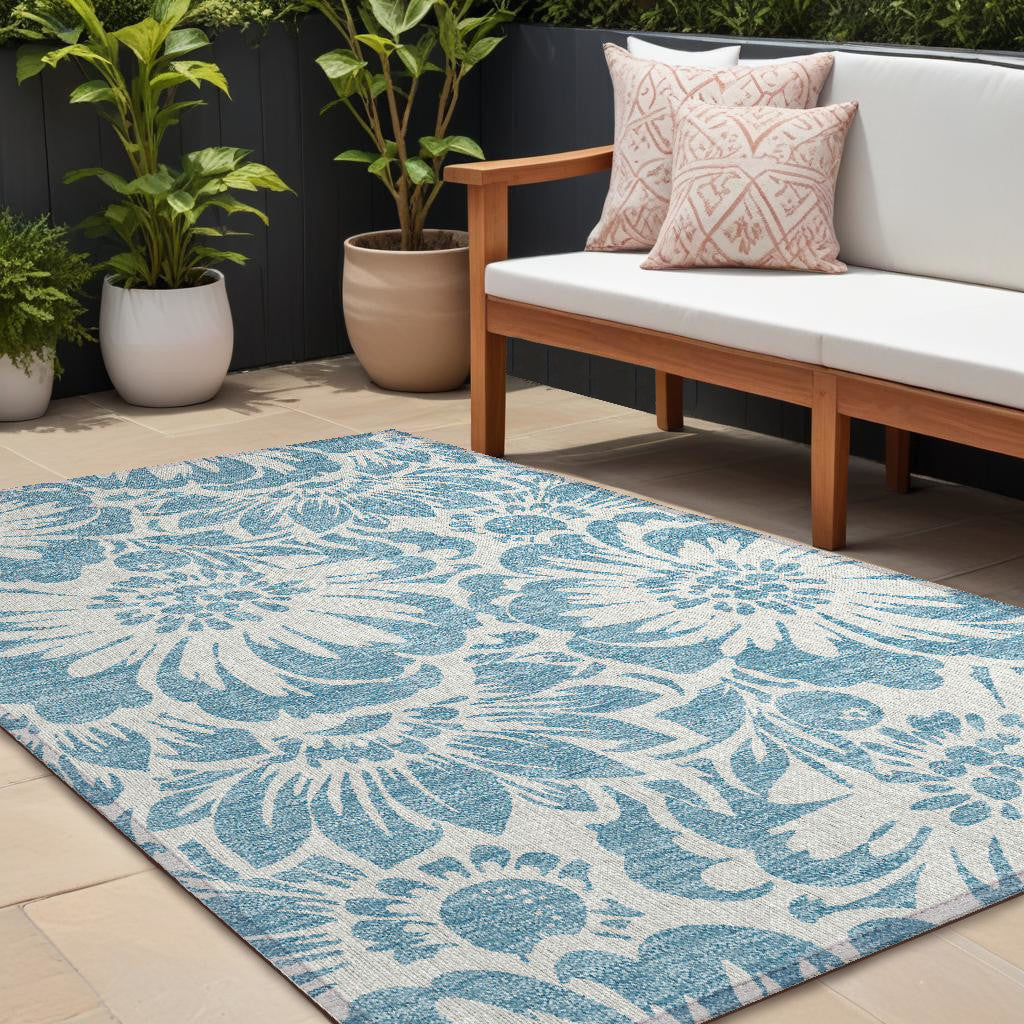 8' X 10' Denim And Ivory Floral Washable Non Skid Indoor Outdoor Area Rug