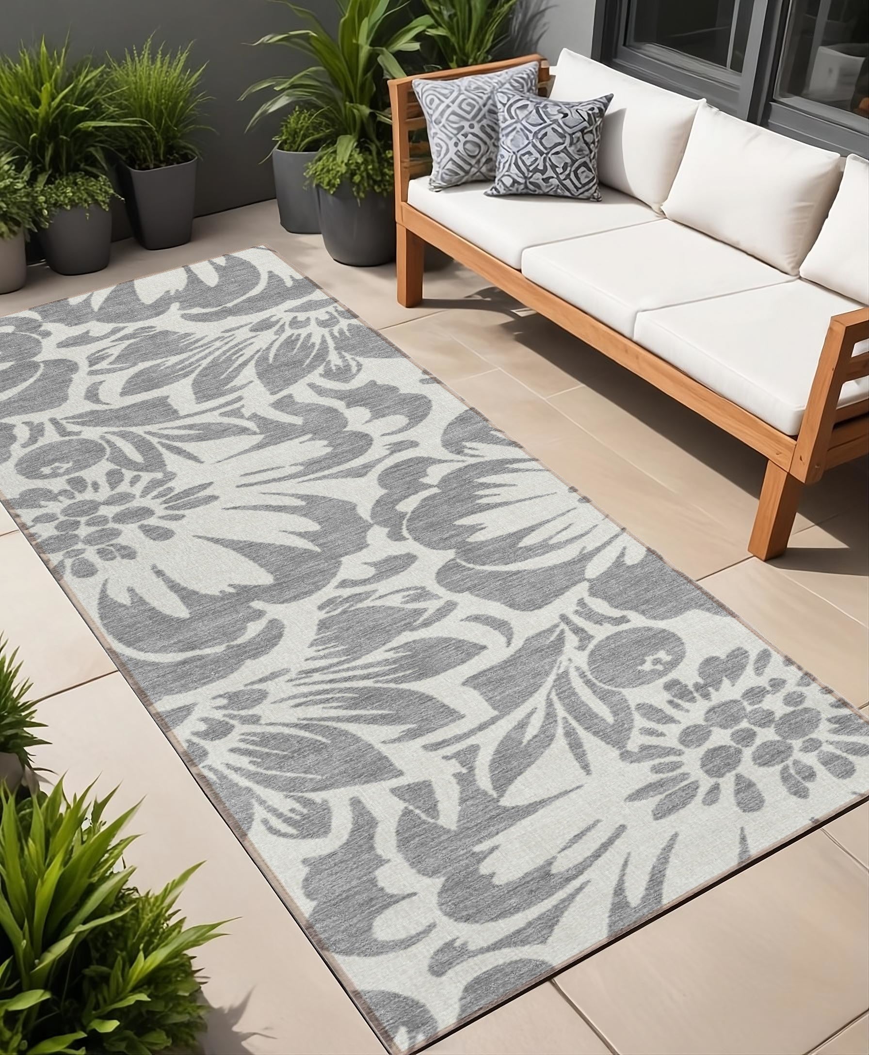 8' Runner Gray And Ivory Floral Washable Non Skid Indoor Outdoor Runner Rug