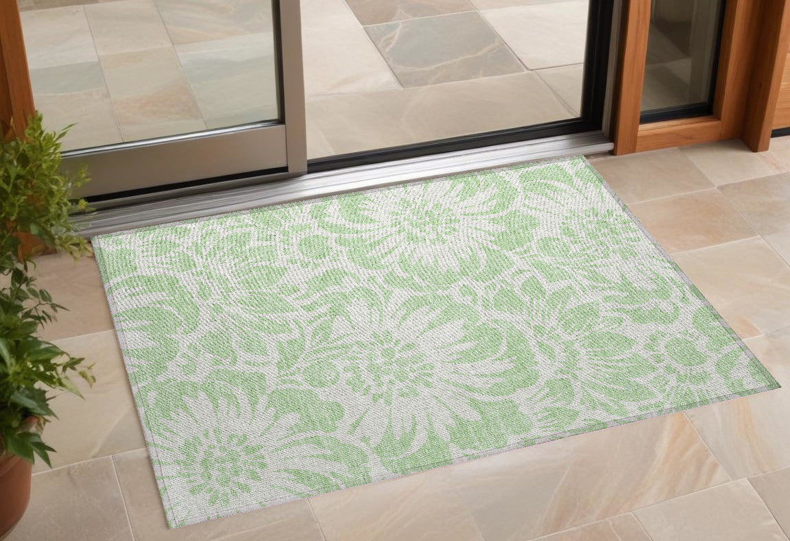 3' X 5' Mint Green And Ivory Floral Washable Non Skid Indoor Outdoor Area Rug