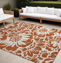 8' X 10' Rust And Ivory Floral Washable Non Skid Indoor Outdoor Area Rug