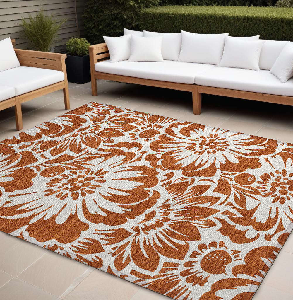 8' X 10' Rust And Ivory Floral Washable Non Skid Indoor Outdoor Area Rug