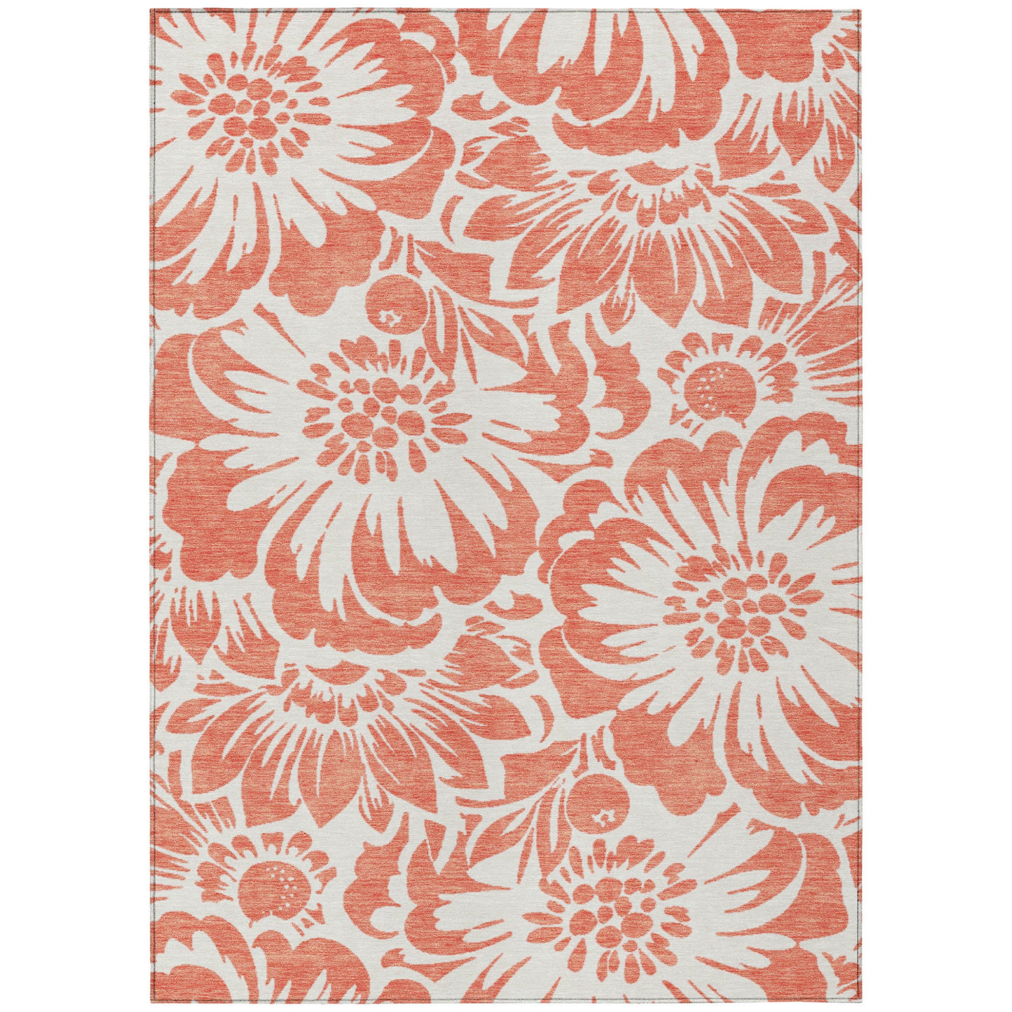 5' X 8' Salmon And Ivory Floral Washable Non Skid Indoor Outdoor Area Rug