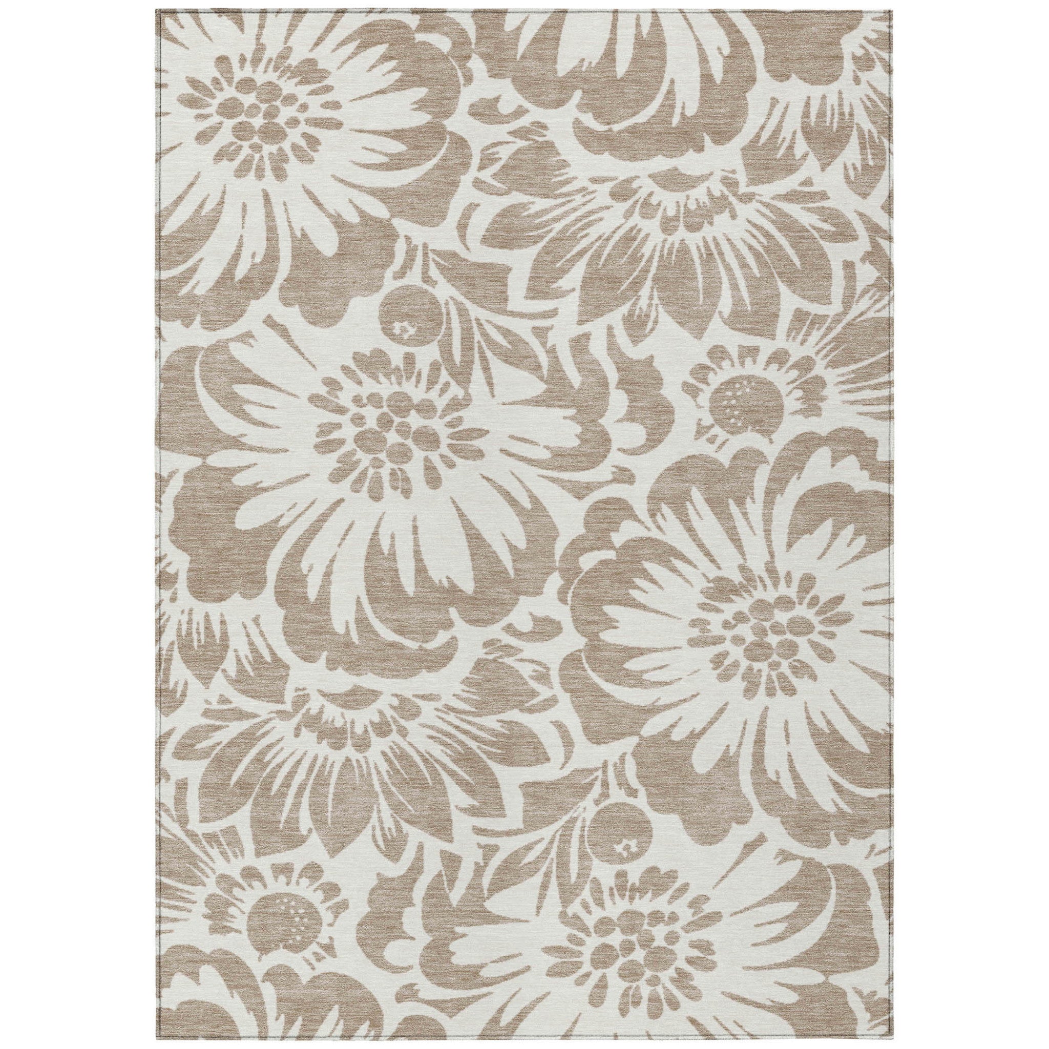 8' X 10' Taupe And Ivory Floral Washable Non Skid Indoor Outdoor Area Rug