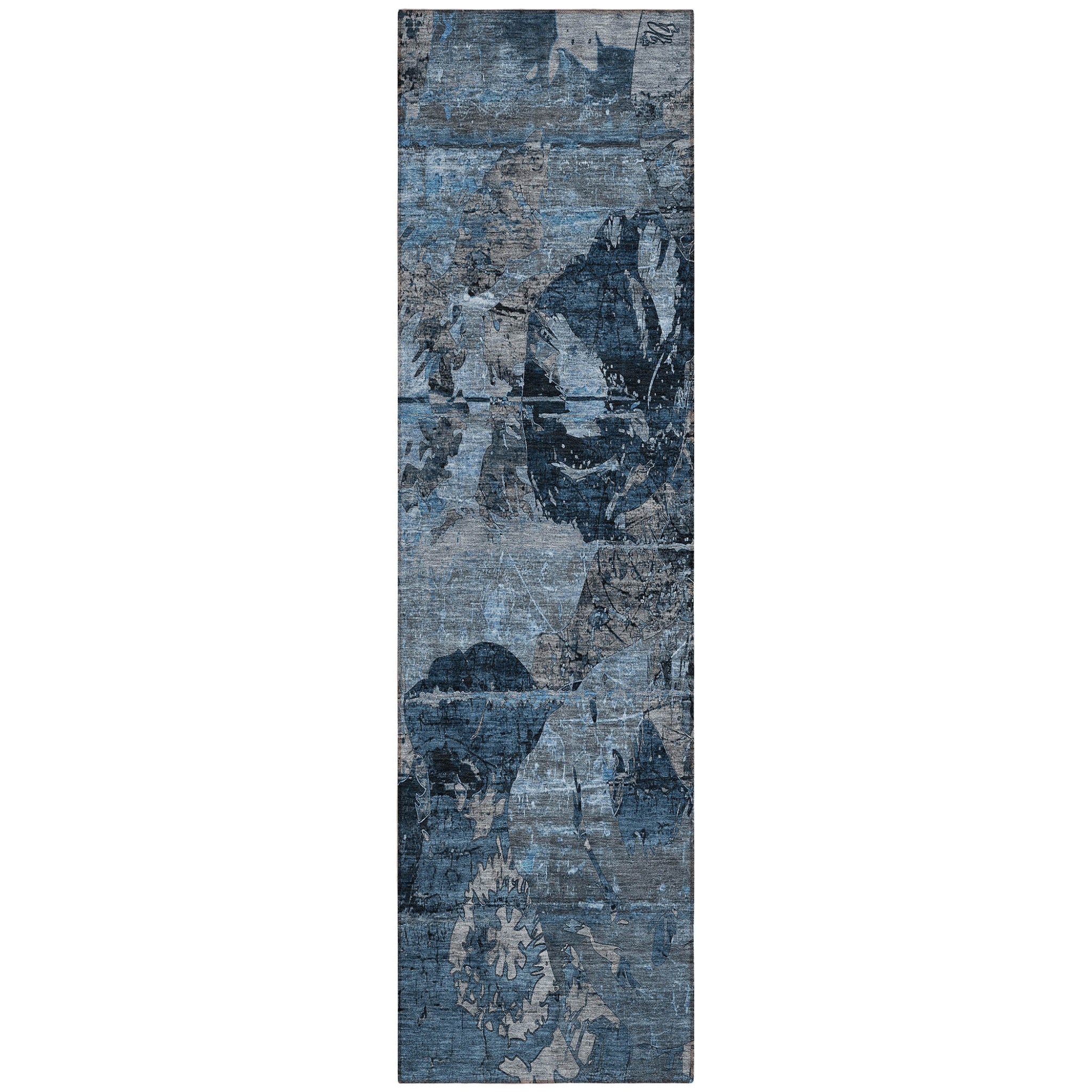 8' Runner Blue And Dark Blue Floral Washable Non Skid Indoor Outdoor Runner Rug