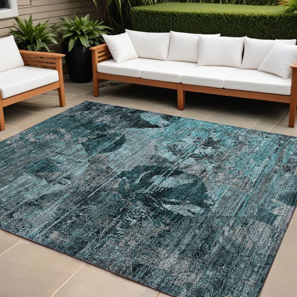 8' X 10' Teal And Gray Floral Washable Non Skid Indoor Outdoor Area Rug