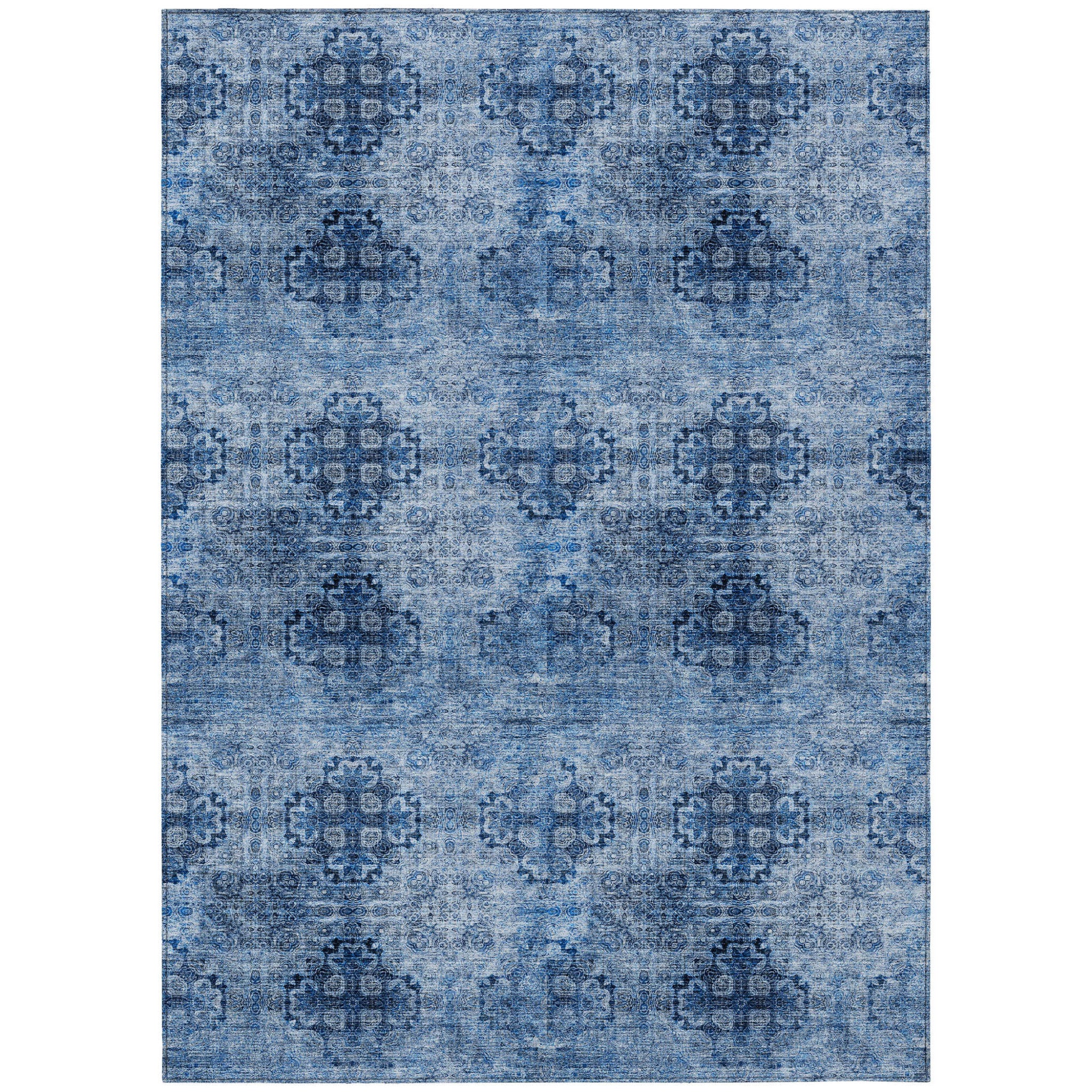 5' X 8' Navy Blue Floral Medallion Washable Non Skid Indoor Outdoor Area Rug