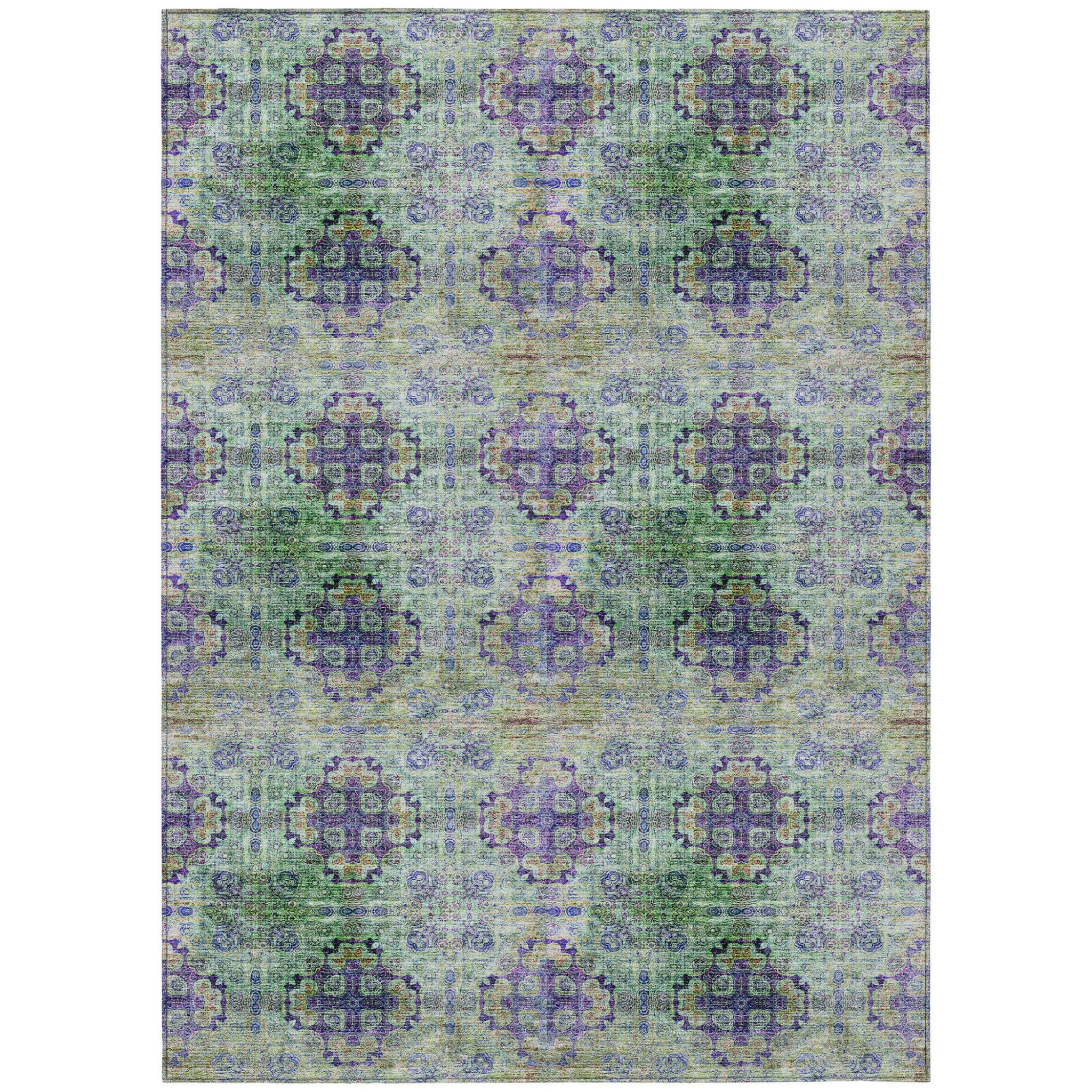 10' X 14' Purple And Green Floral Medallion Washable Non Skid Indoor Outdoor Area Rug
