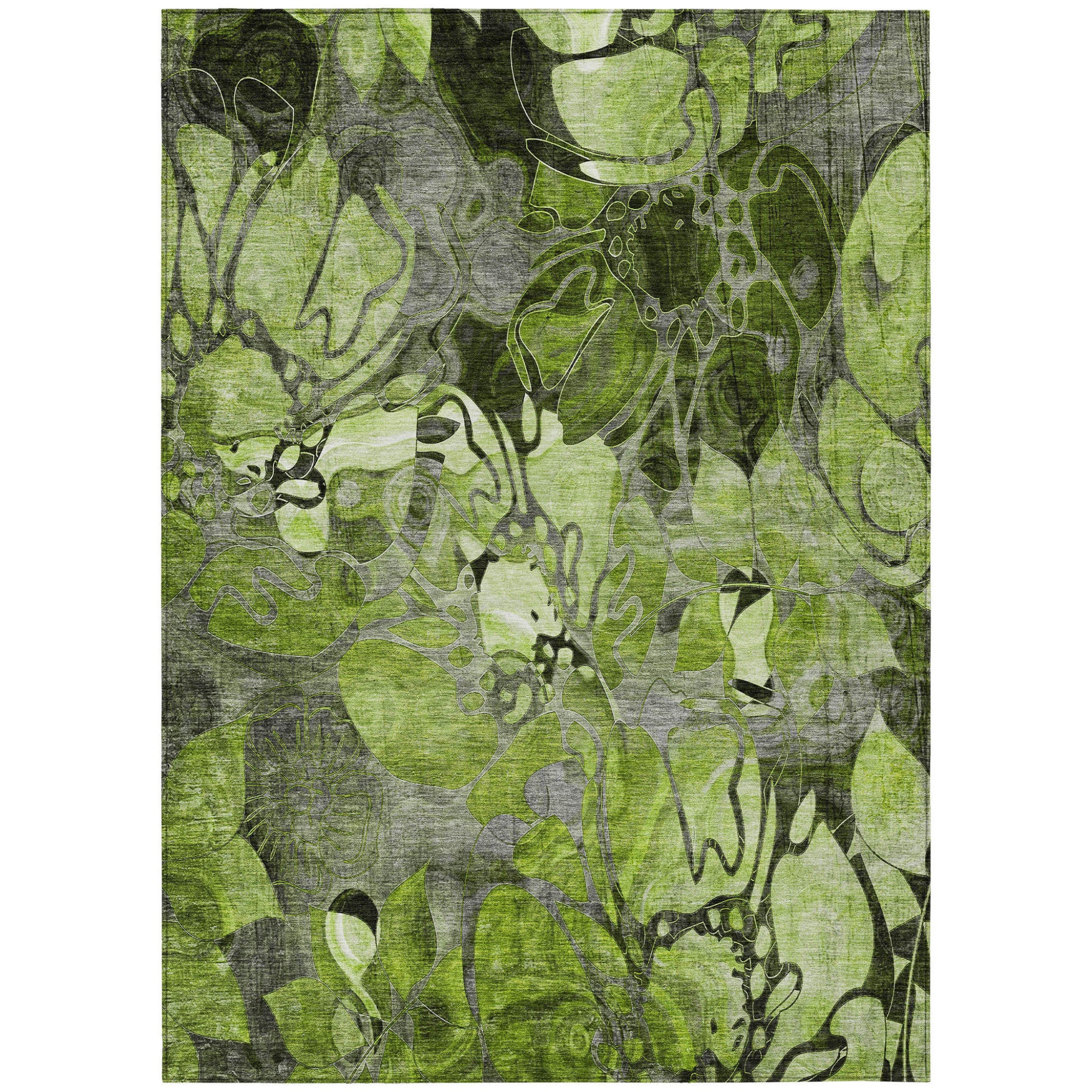 5' X 8' Fern Green And Gray Floral Washable Non Skid Indoor Outdoor Area Rug