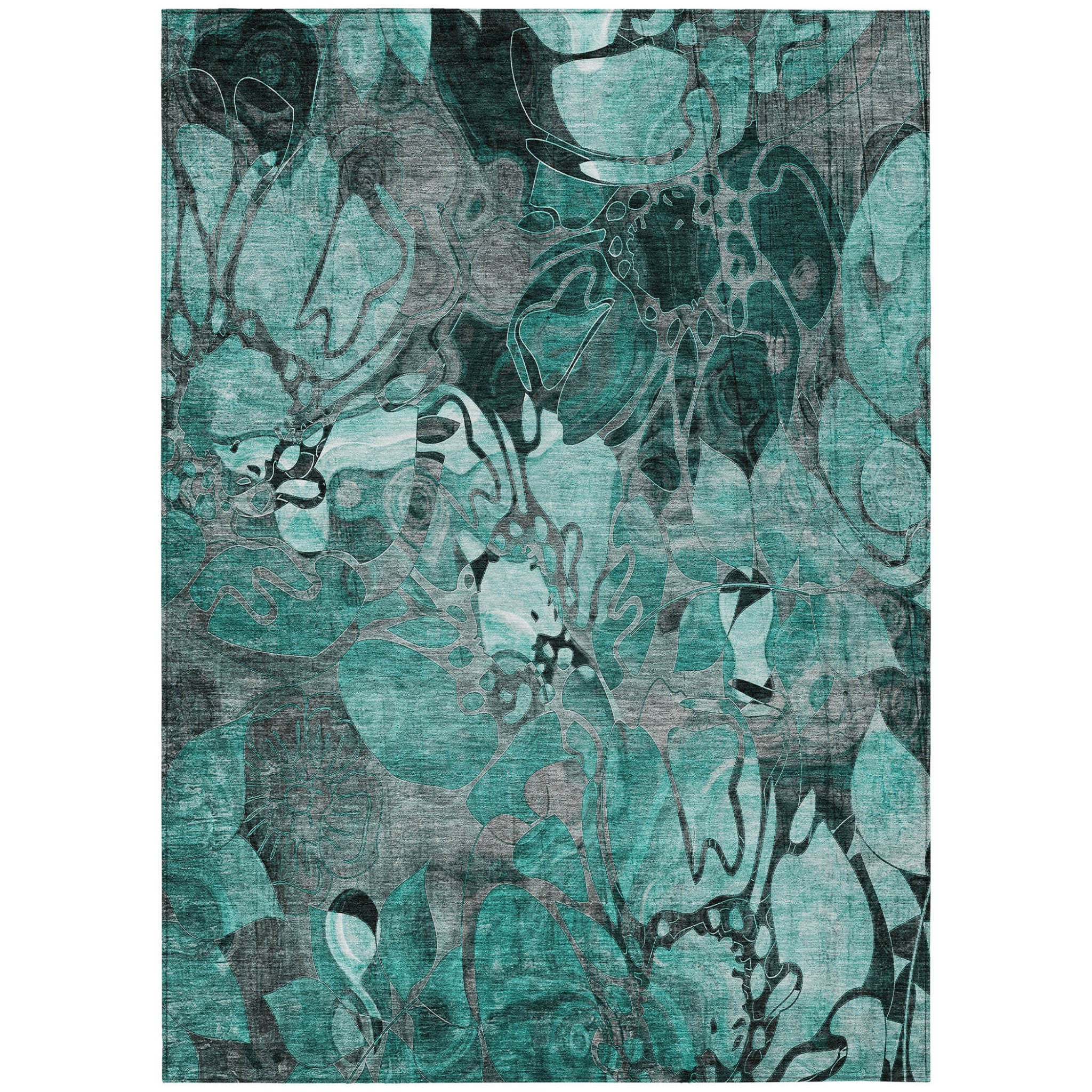 5' X 8' Teal Black And Gray Floral Washable Non Skid Indoor Outdoor Area Rug