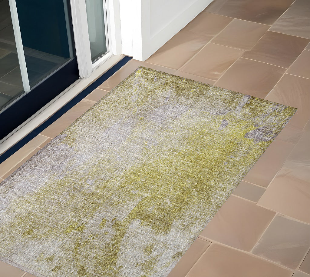 2' X 3' Gold Beige And Purple Abstract Washable Non Skid Indoor Outdoor Area Rug