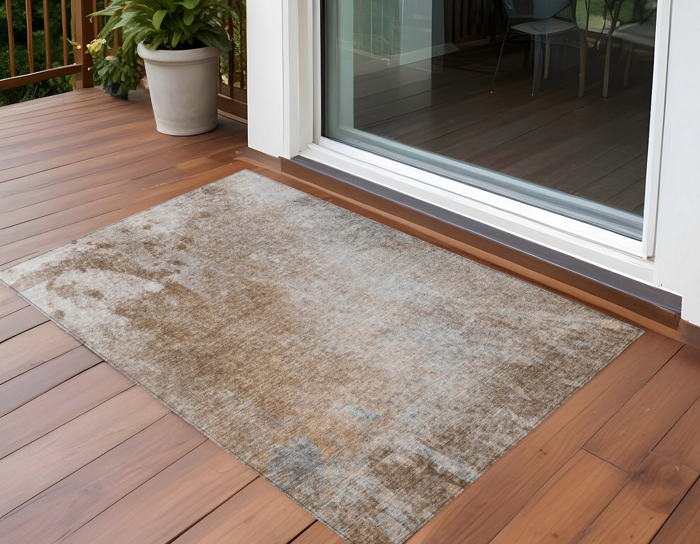 3' X 5' Brown And Off White Abstract Washable Non Skid Indoor Outdoor Area Rug