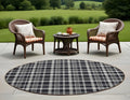 8' Round Black Gray And White Round Plaid Washable Non Skid Indoor Outdoor Area Rug