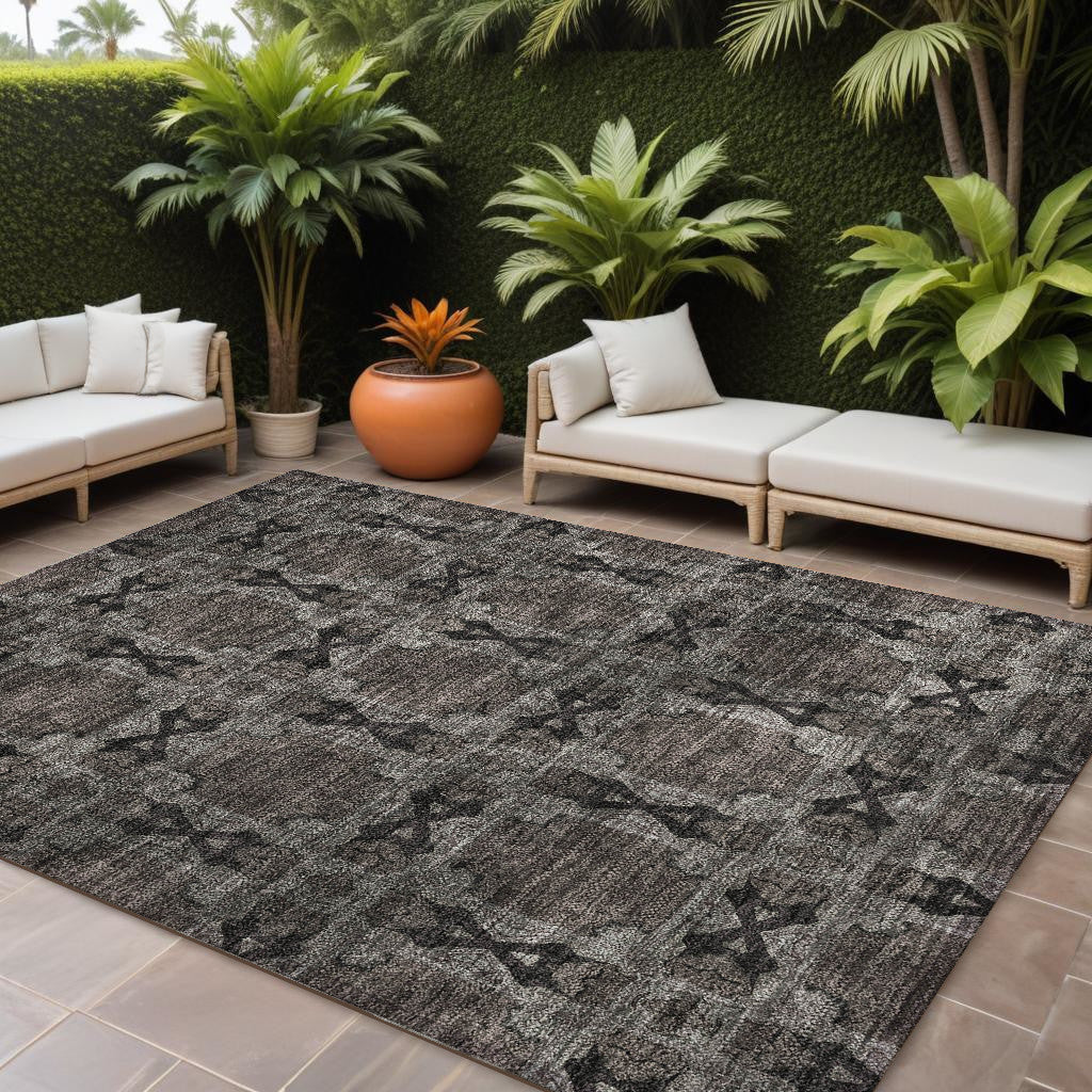 9' X 12' Gray And Black Floral Medallion Washable Non Skid Indoor Outdoor Area Rug