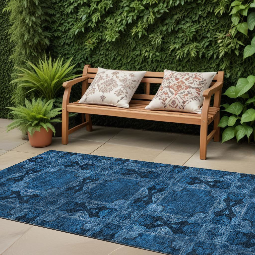 8' Runner Navy And Gray Floral Medallion Washable Non Skid Indoor Outdoor Runner Rug