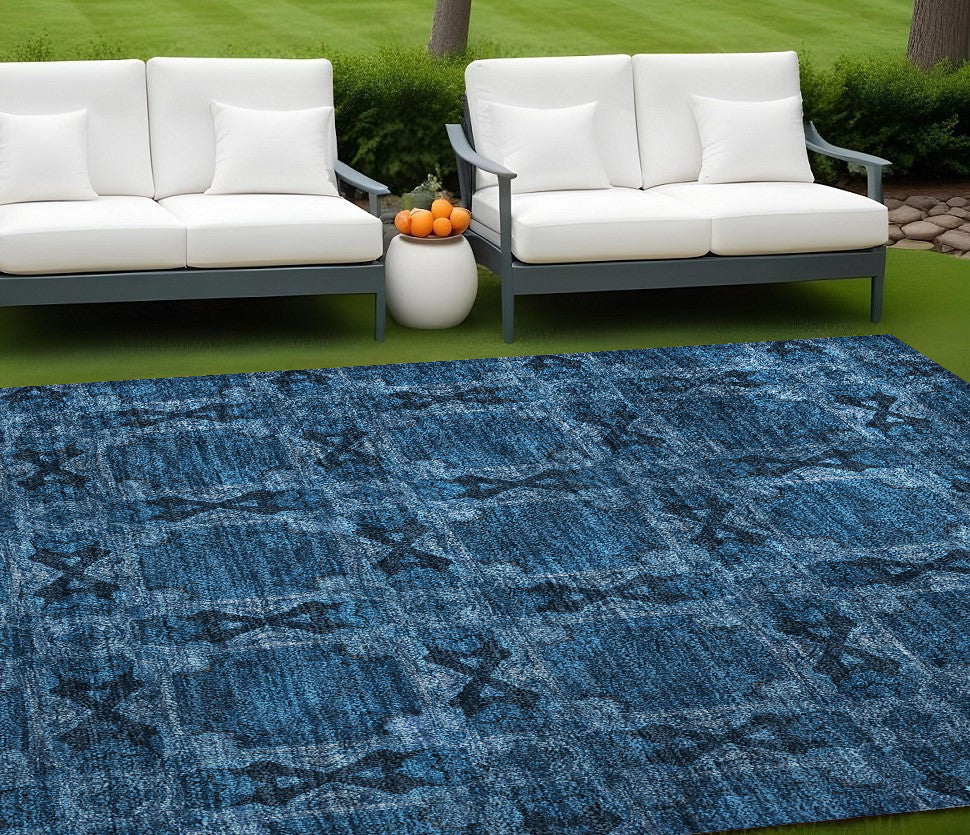 8' X 10' Navy And Gray Floral Medallion Washable Non Skid Indoor Outdoor Area Rug