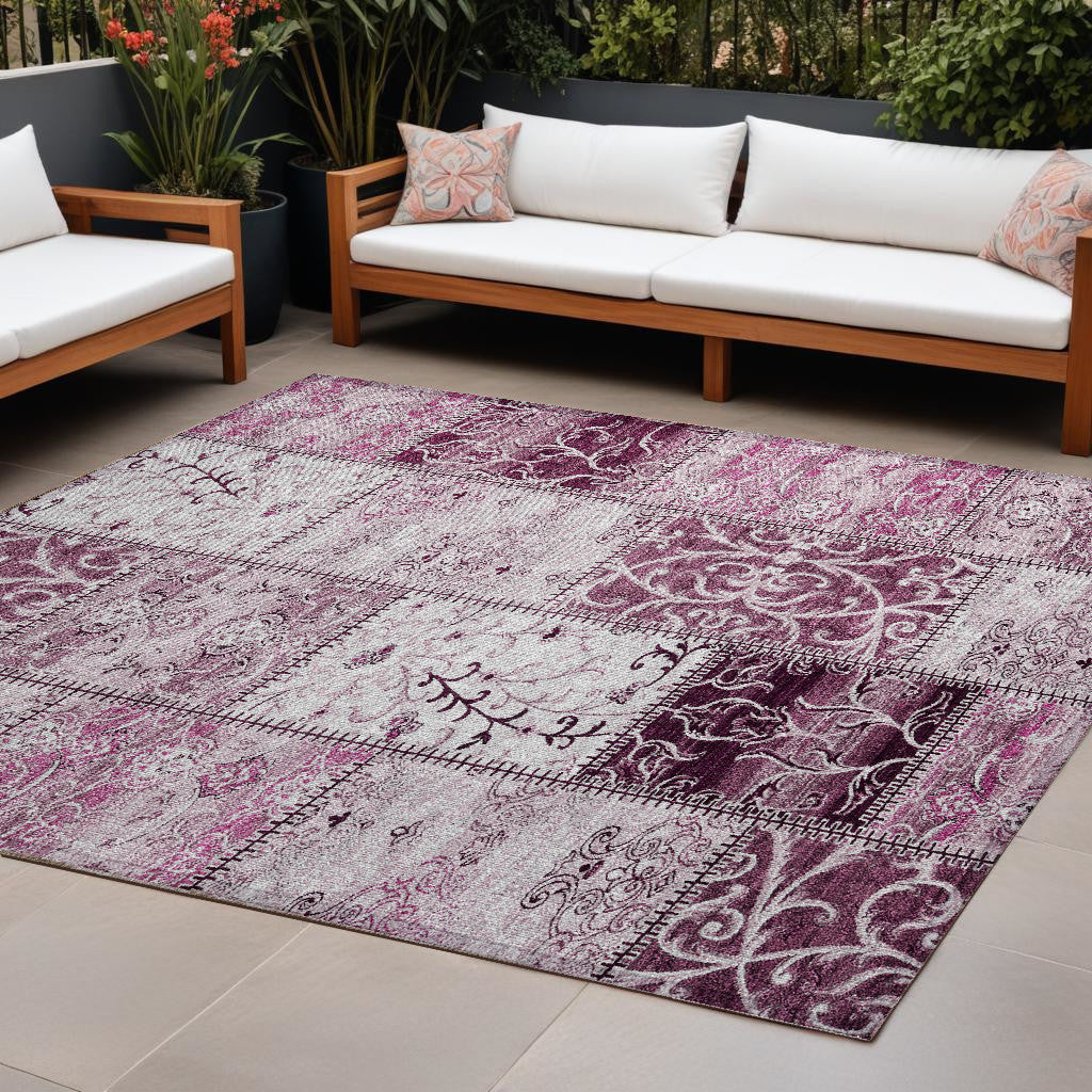 10' X 14' Mountbatten Pink Patchwork Washable Non Skid Indoor Outdoor Area Rug