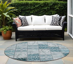 8' Round Teal Round Patchwork Washable Non Skid Indoor Outdoor Area Rug