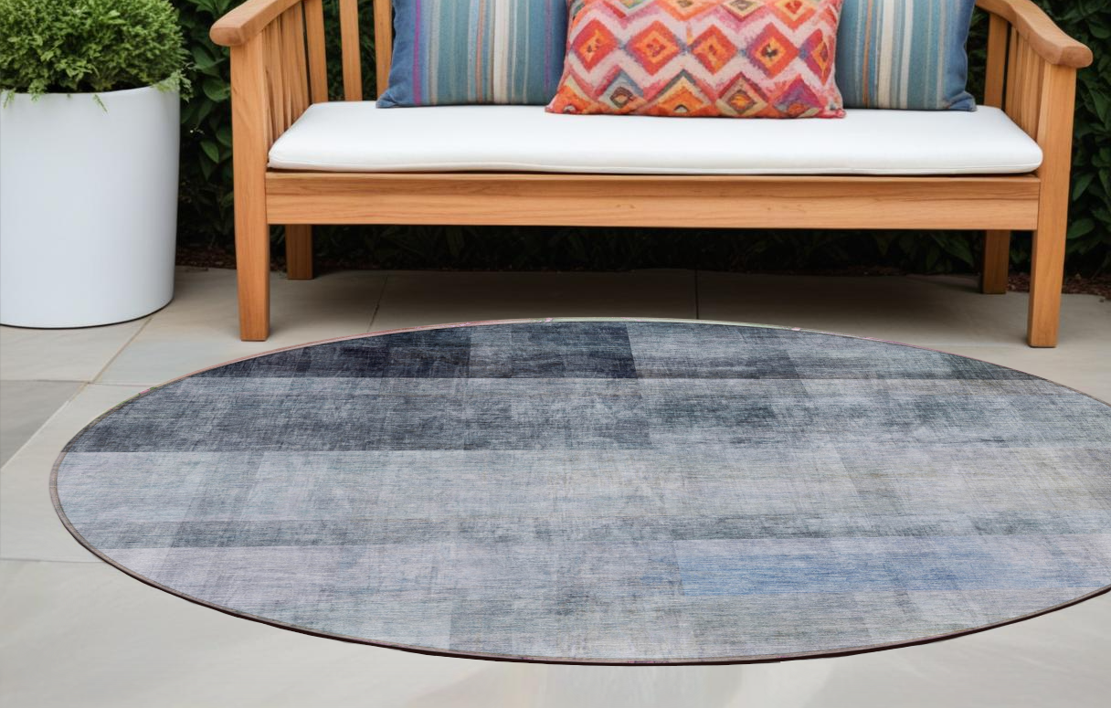 8' Round Navy And Gray Round Ombre Washable Non Skid Indoor Outdoor Area Rug