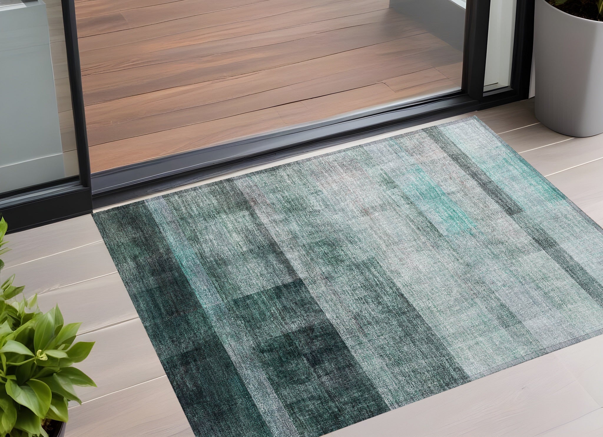 3' X 5' Teal Ombre Washable Non Skid Indoor Outdoor Area Rug