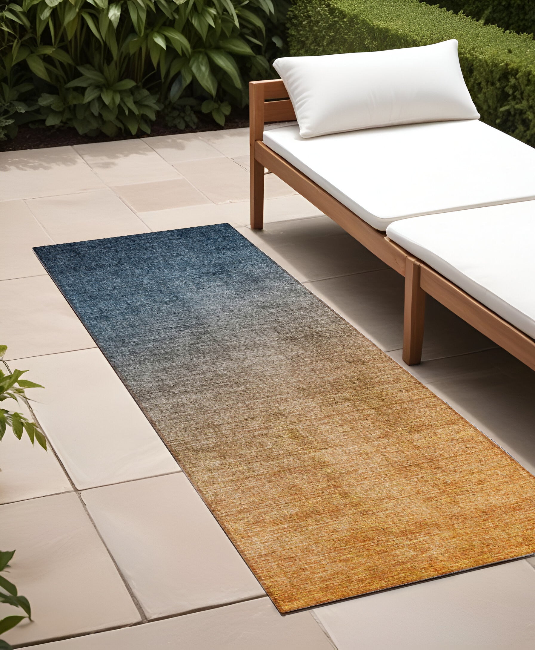 8' Runner Denim And Gold Ombre Washable Non Skid Indoor Outdoor Runner Rug