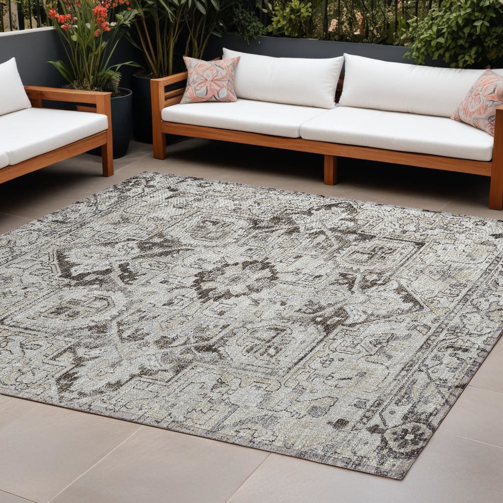 10' X 14' Ivory And Dark Brown Oriental Washable Non Skid Indoor Outdoor Area Rug