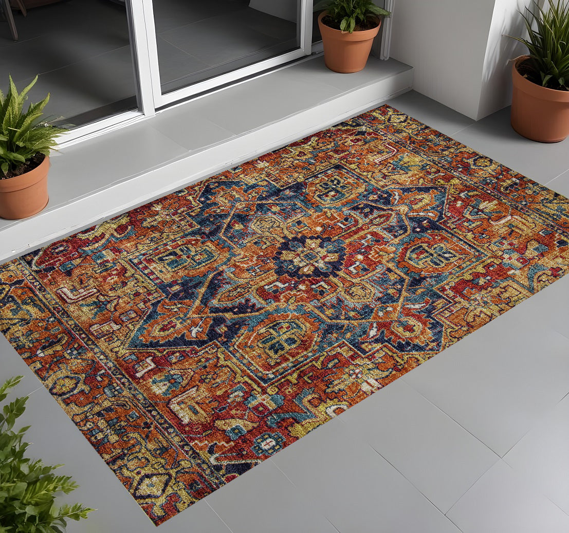 2' X 3' Red Orange And Blue Oriental Washable Non Skid Indoor Outdoor Area Rug