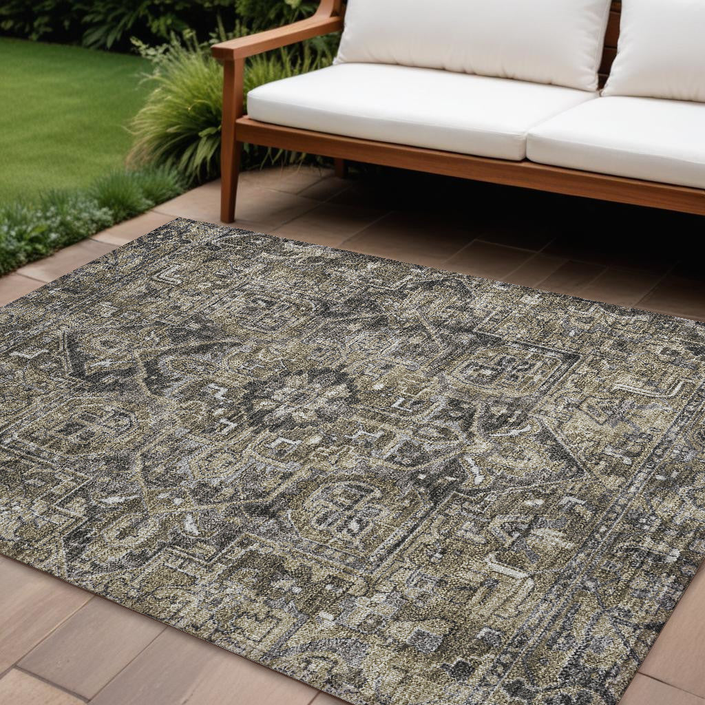 10' X 14' Taupe And Dark Taupe Oriental Washable Non Skid Indoor Outdoor Area Rug