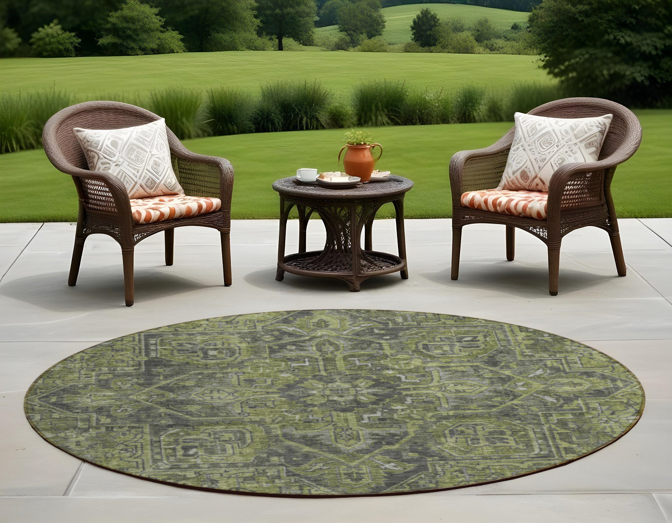 8' Round Moss Green And Gray Round Oriental Washable Non Skid Indoor Outdoor Area Rug