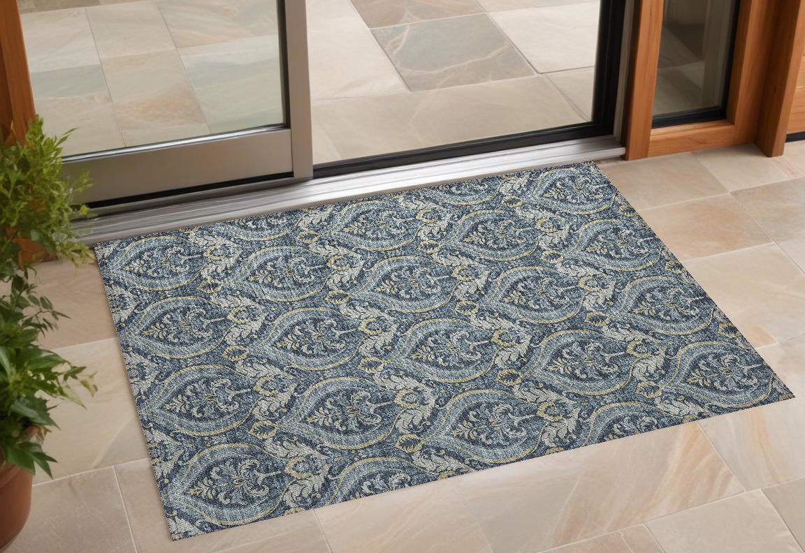 3' X 5' Blue And Cream Damask Washable Non Skid Indoor Outdoor Area Rug