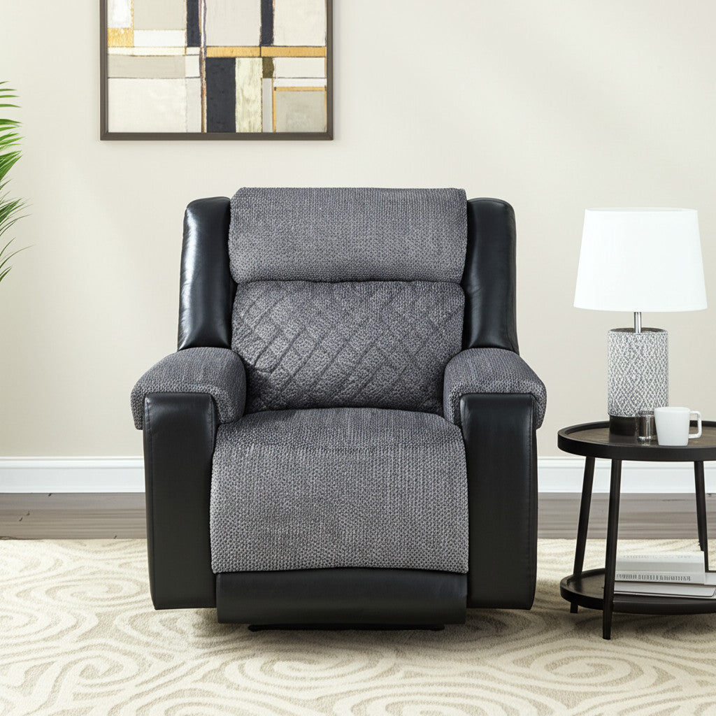 39 Black And Gray Faux Leather And Fabric Manual Recliner