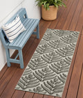 6 Charcoal And Beige Botanical Leaves Indoor Outdoor Runner Rug