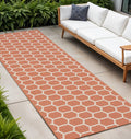 8 Coral And Ivory Geometric Indoor Outdoor Runner Rug