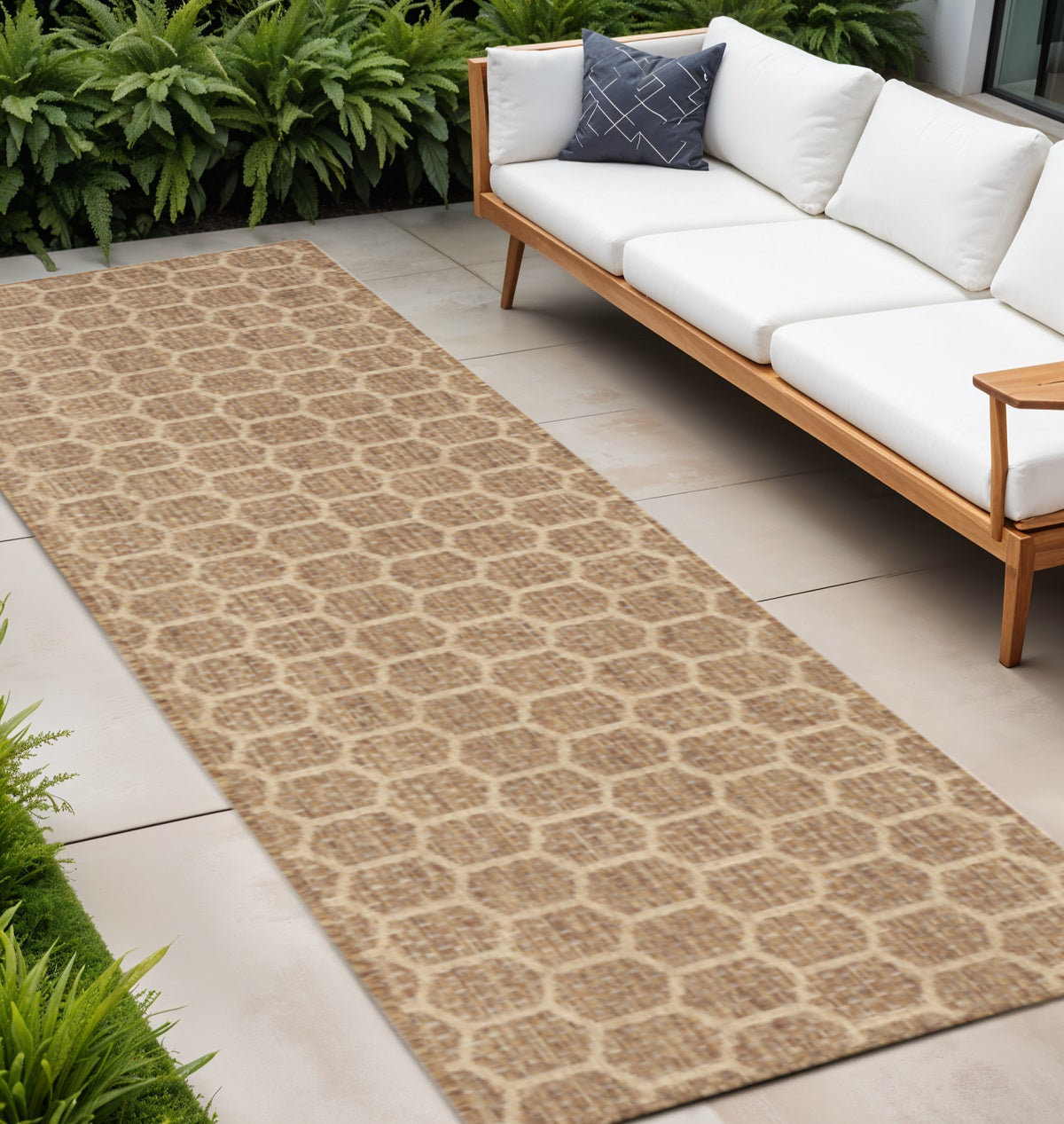 8 Natural And Beige Geometric Indoor Outdoor Runner Rug