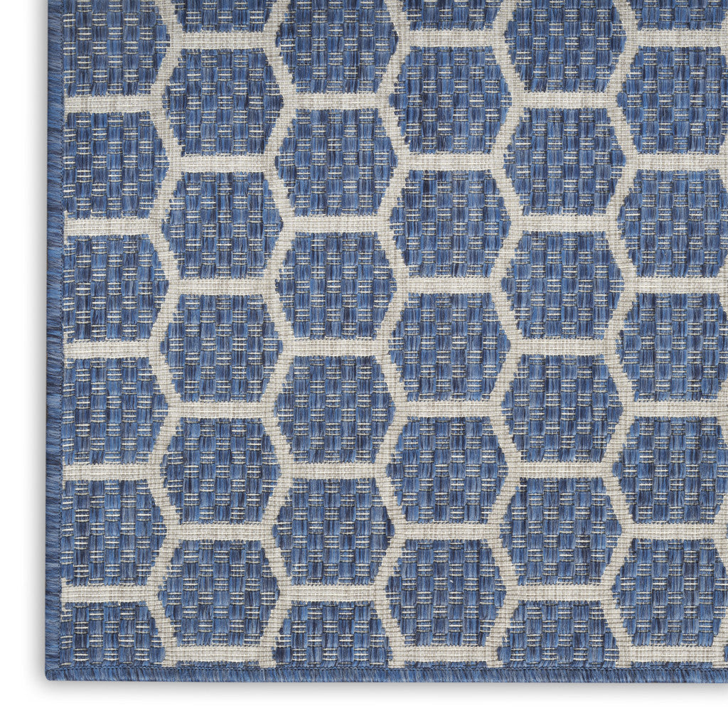 10 Blue And Ivory Geometric Indoor Outdoor Runner Rug
