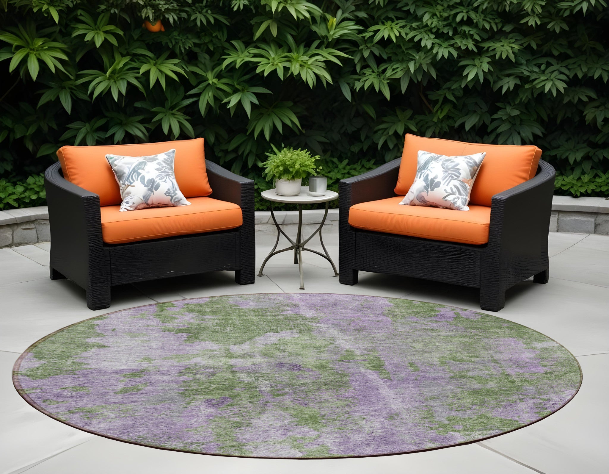 8' Round Green And Purple Round Abstract Washable Non Skid Indoor Outdoor Area Rug