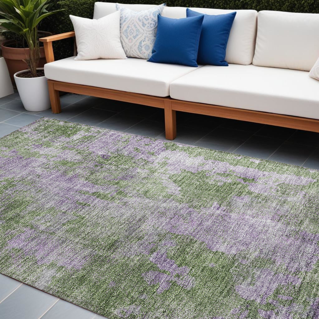 10' X 14' Green And Purple Abstract Washable Non Skid Indoor Outdoor Area Rug