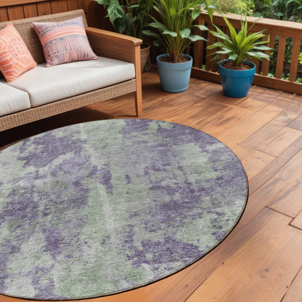 8' Round Purple And Green Round Abstract Washable Non Skid Indoor Outdoor Area Rug