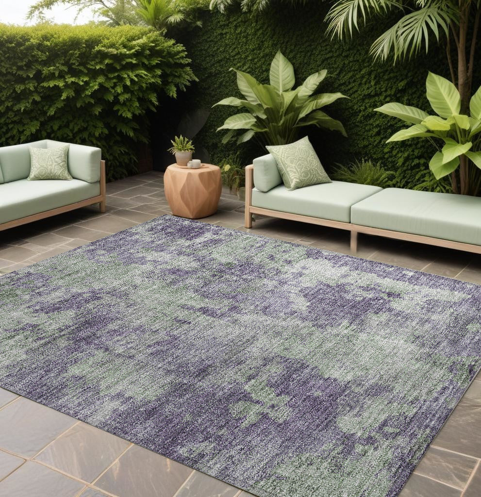 10' X 14' Purple And Green Abstract Washable Non Skid Indoor Outdoor Area Rug