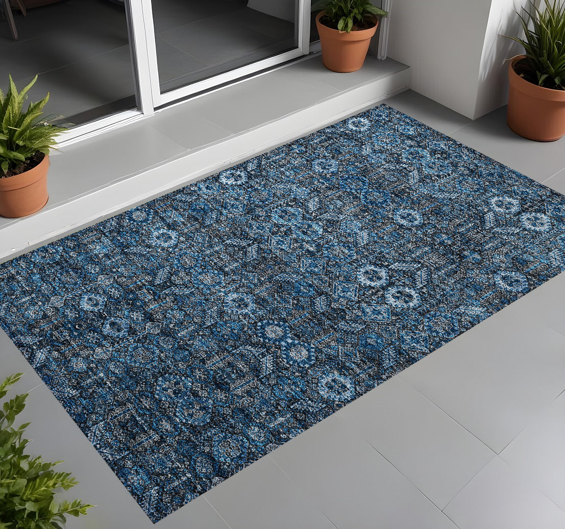 3' X 5' Blue And Black Floral Washable Non Skid Indoor Outdoor Area Rug