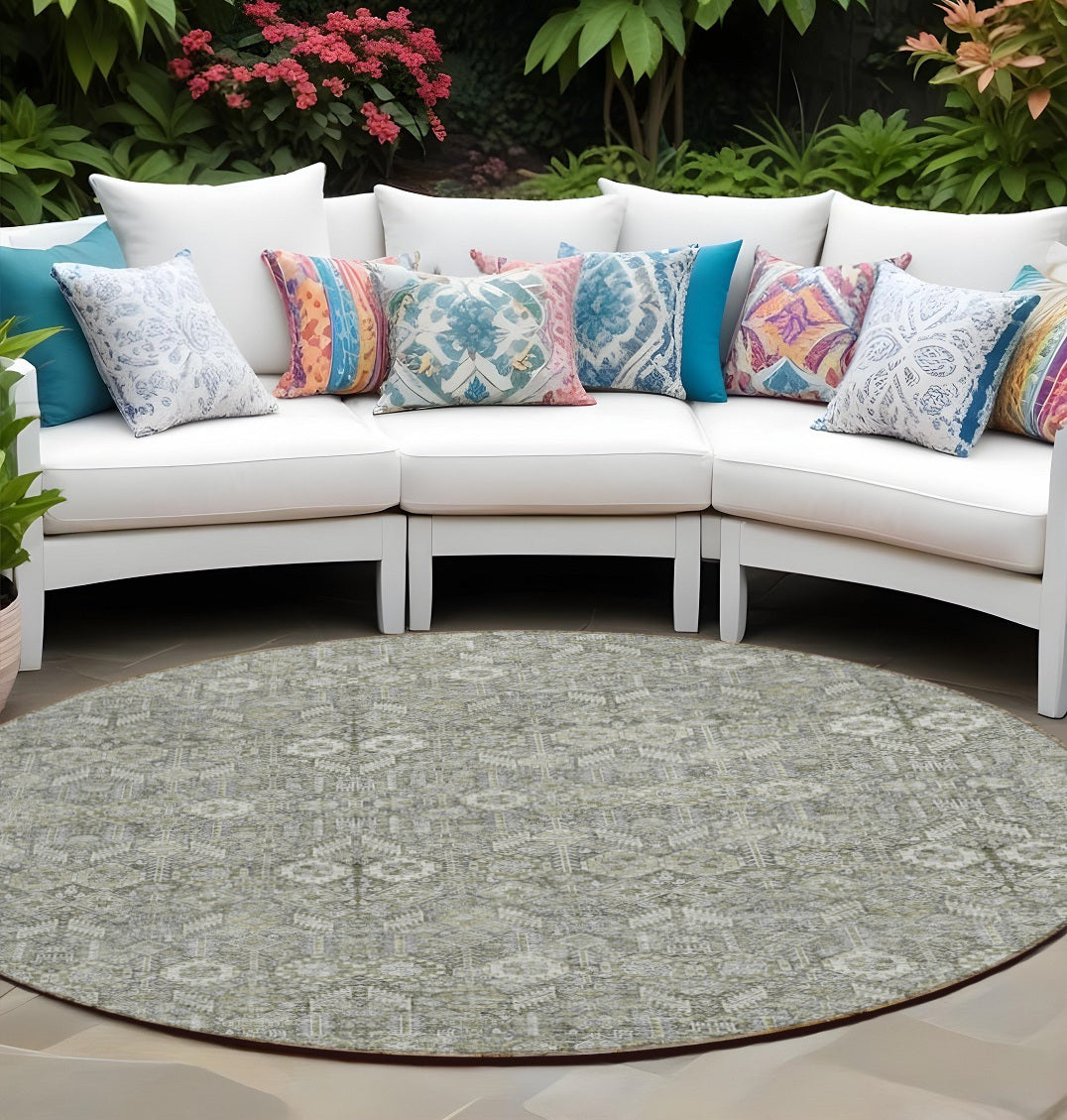8' Round Cream And Tan Round Floral Washable Non Skid Indoor Outdoor Area Rug