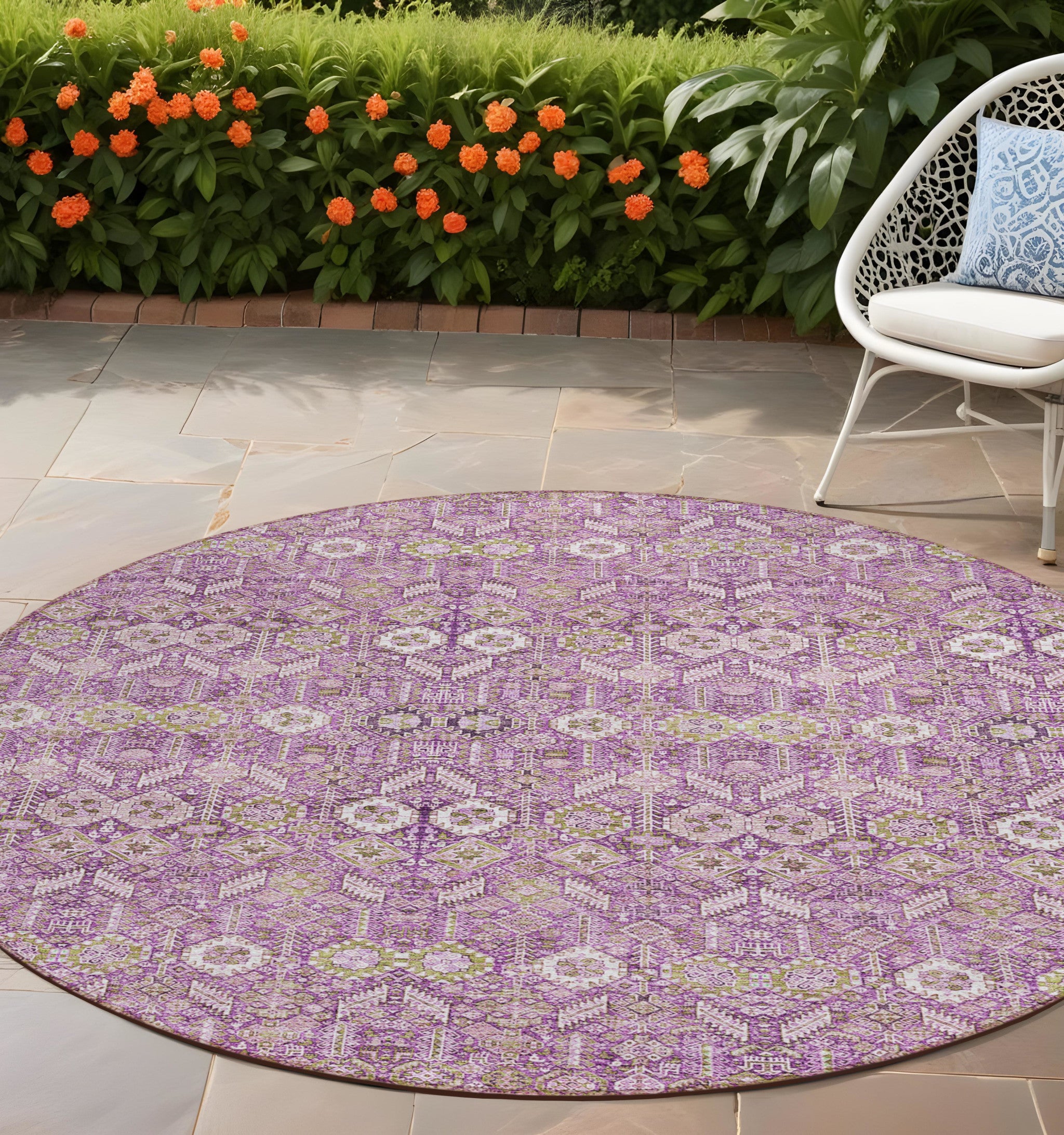 8' Round Lavender And Ivory Round Floral Washable Non Skid Indoor Outdoor Area Rug