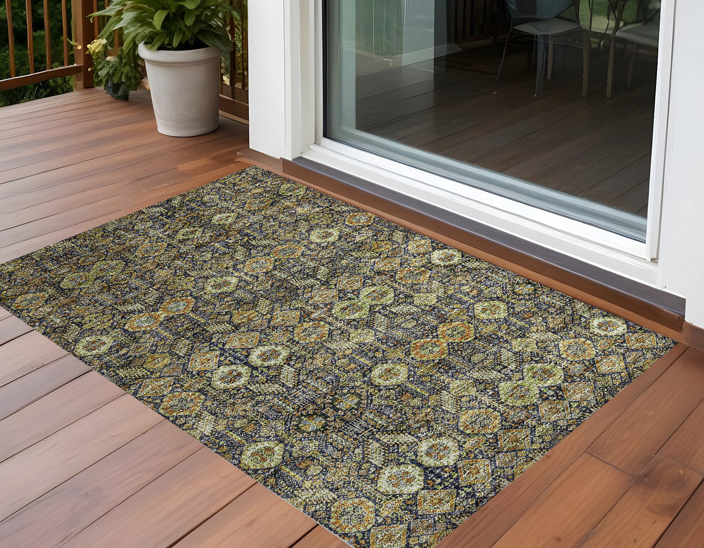 2' X 3' Blue And Orange Floral Washable Non Skid Indoor Outdoor Area Rug